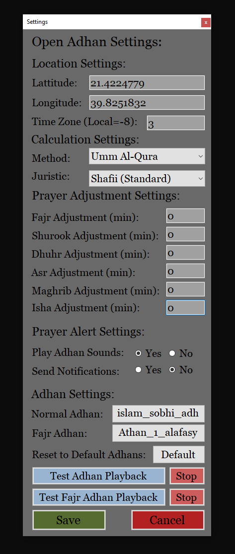 Open Adhan Settings Dialog